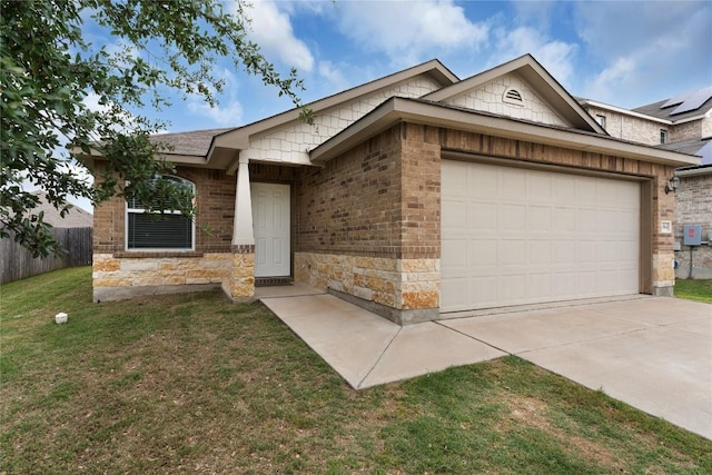 ranch-style home featuring a garage, driveway, and brick siding