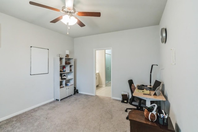 12003 Corsicana Trl, Manor, TX 78653 - office area featuring ceiling fan, light carpet, and baseboards
