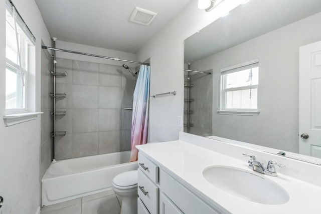 12003 Corsicana Trl, Manor, TX 78653 - bathroom featuring vanity, toilet, shower / tub combo with curtain, and tile patterned floors