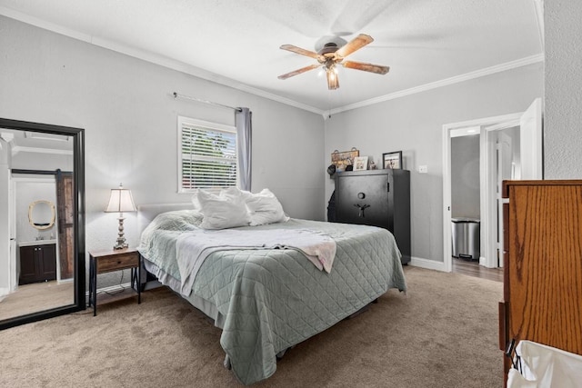 131 Norm St, China Spring, TX 76633 - bedroom with light carpet, crown molding, ceiling fan, a barn door, and baseboards