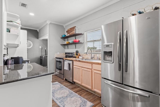 131 Norm St, China Spring, TX 76633 - kitchen featuring stainless steel appliances, open shelves, a sink, crown molding, and light brown cabinetry
