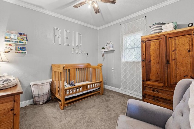 131 Norm St, China Spring, TX 76633 - bedroom featuring light carpet, baseboards, crown molding, and a ceiling fan