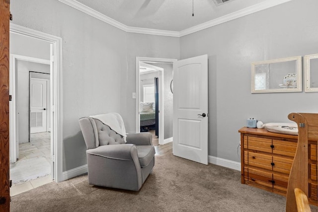 131 Norm St, China Spring, TX 76633 - sitting room featuring carpet floors, crown molding, baseboards, and a ceiling fan