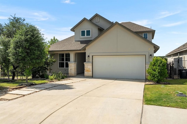 324 Pisa Ln, Georgetown, TX 78628 - traditional-style home featuring stucco siding, driveway, roof with shingles, a garage, and stone siding