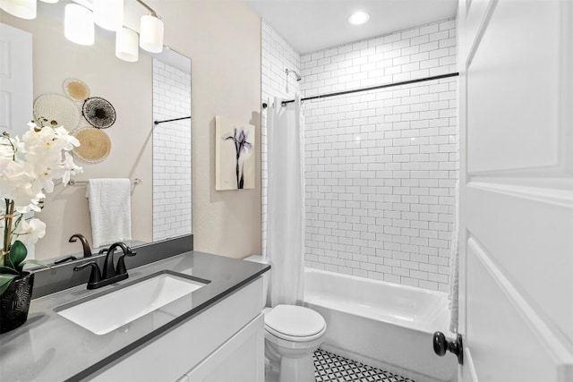 324 Pisa Ln, Georgetown, TX 78628 - bathroom featuring vanity, shower / tub combo, toilet, tile patterned floors, and recessed lighting
