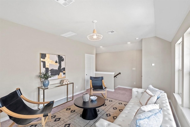 324 Pisa Ln, Georgetown, TX 78628 - living room with carpet flooring, vaulted ceiling, baseboards, and recessed lighting