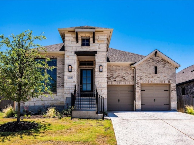 french country style house with driveway, stone siding, roof with shingles, and a garage