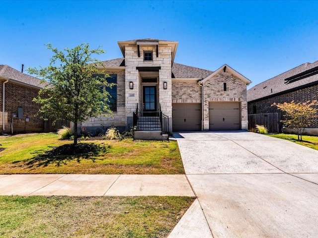 french provincial home with stone siding, concrete driveway, an attached garage, and roof with shingles