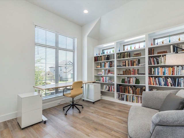 office area with wood finished floors, baseboards, and recessed lighting