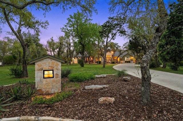 12316 Triple Creek Dr, Dripping Springs, TX 78620 - yard at dusk with a lawn and curved driveway