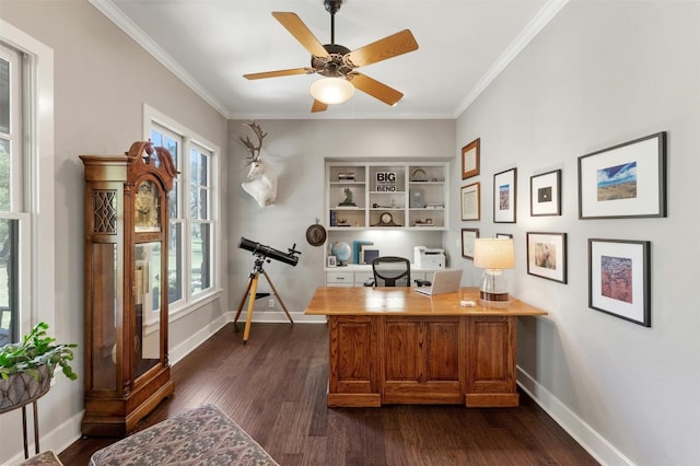 12316 Triple Creek Dr, Dripping Springs, TX 78620 - office space featuring dark wood finished floors, baseboards, crown molding, and ceiling fan
