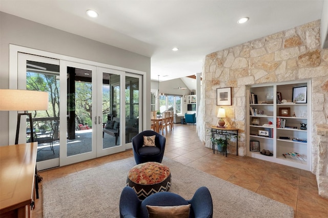 12316 Triple Creek Dr, Dripping Springs, TX 78620 - living room featuring french doors, tile patterned floors, and recessed lighting