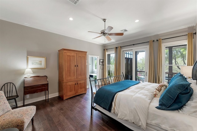 12316 Triple Creek Dr, Dripping Springs, TX 78620 - bedroom with access to exterior, ornamental molding, baseboards, recessed lighting, and dark wood-type flooring