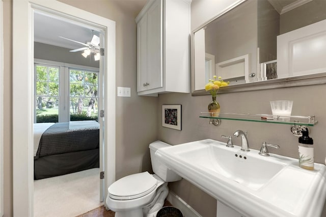 12316 Triple Creek Dr, Dripping Springs, TX 78620 - ensuite bathroom featuring ornamental molding, a ceiling fan, toilet, and a sink