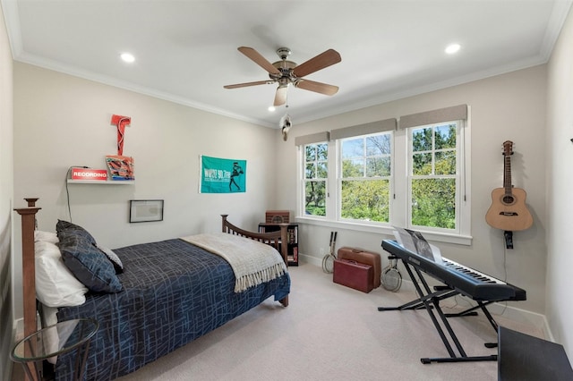 12316 Triple Creek Dr, Dripping Springs, TX 78620 - carpeted bedroom with recessed lighting, crown molding, a ceiling fan, and baseboards