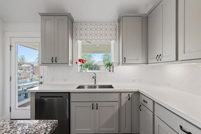 300 Gidran Trl, Georgetown, TX 78626 - kitchen with dishwasher, gray cabinetry, a sink, decorative backsplash, and light countertops