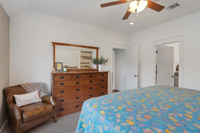 bedroom featuring carpet floors, ceiling fan, and lofted ceiling
