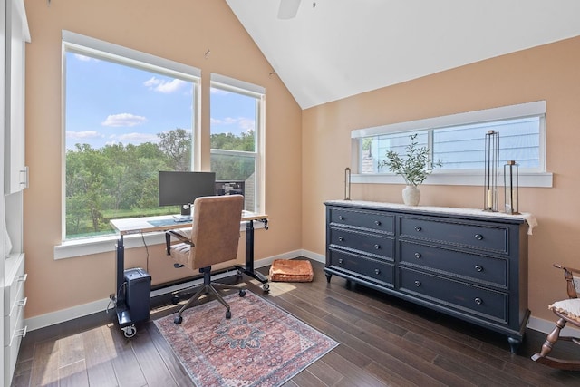 3105 Aldwyche Dr, Austin, TX 78704 - office area with vaulted ceiling, dark wood finished floors, baseboards, and ceiling fan