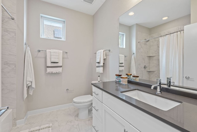 3105 Aldwyche Dr, Austin, TX 78704 - full bathroom with marble look tiles, vanity, toilet, baseboards, and recessed lighting
