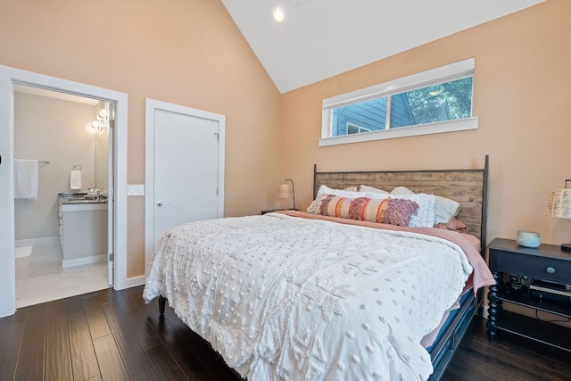 3105 Aldwyche Dr, Austin, TX 78704 - bedroom with high vaulted ceiling, wood finished floors, baseboards, and ensuite bathroom