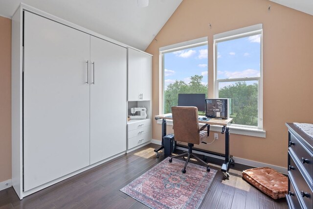 3105 Aldwyche Dr, Austin, TX 78704 - office area featuring vaulted ceiling, dark wood finished floors, and baseboards