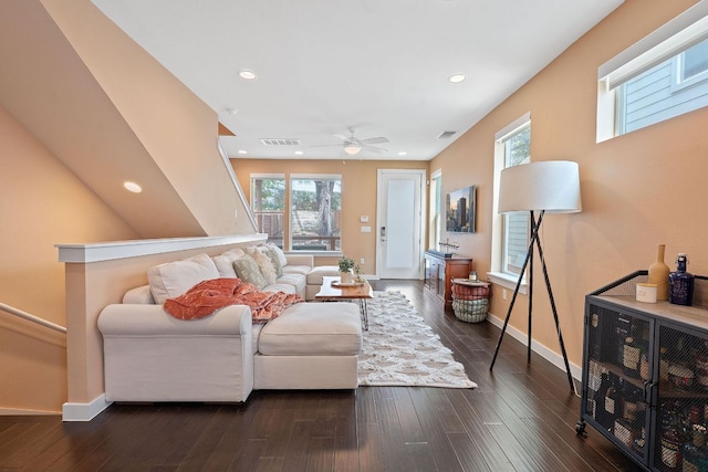 3105 Aldwyche Dr, Austin, TX 78704 - living area featuring recessed lighting, a ceiling fan, baseboards, and dark wood-type flooring