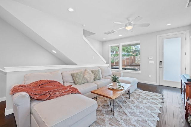 3105 Aldwyche Dr, Austin, TX 78704 - living room featuring ceiling fan, wood finished floors, baseboards, and recessed lighting