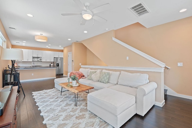 3105 Aldwyche Dr, Austin, TX 78704 - living area featuring ceiling fan, dark wood-style flooring, recessed lighting, and baseboards