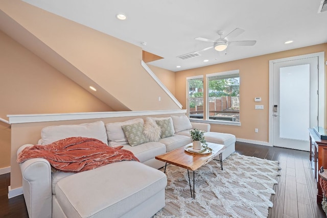 3105 Aldwyche Dr, Austin, TX 78704 - living area featuring ceiling fan, baseboards, wood finished floors, and recessed lighting