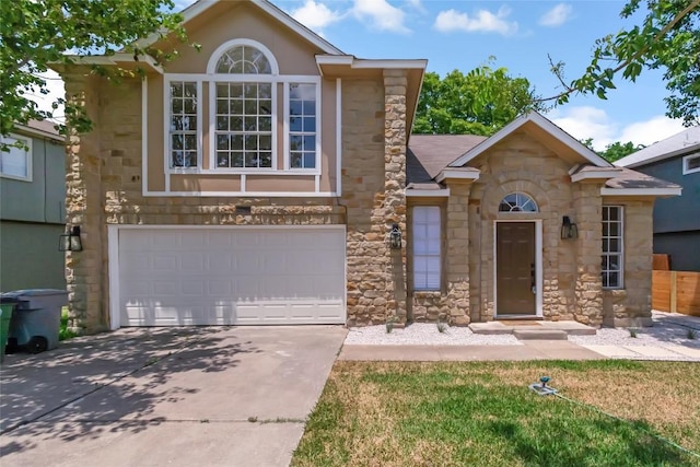 view of front of home with an attached garage, concrete driveway, and stone siding