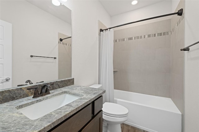 5213 Fresno Ave, Pflugerville, TX 78660 - bathroom featuring vanity, shower / bathtub combination with curtain, and wood finished floors