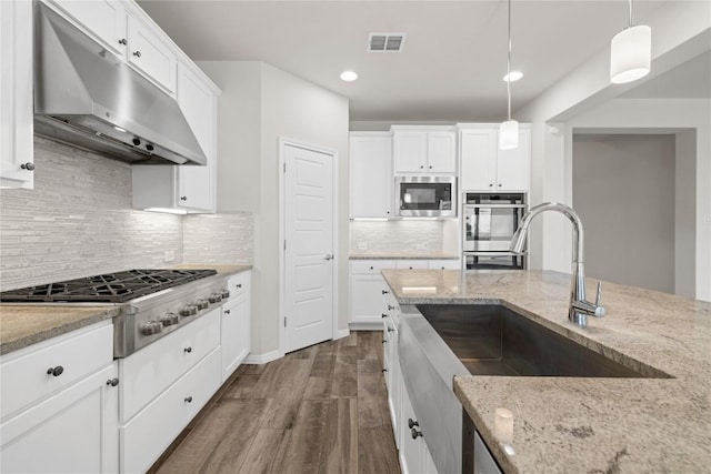 5213 Fresno Ave, Pflugerville, TX 78660 - kitchen with under cabinet range hood, appliances with stainless steel finishes, dark wood-style flooring, decorative light fixtures, and white cabinets