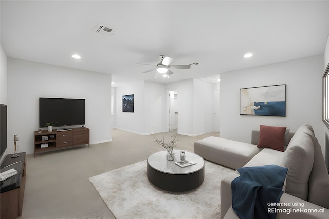 5213 Fresno Ave, Pflugerville, TX 78660 - living room with ceiling fan, light carpet, and recessed lighting