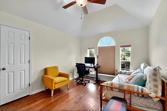 16525 Broadbay Dr, Austin, TX 78717 - home office featuring ceiling fan, wood finished floors, high vaulted ceiling, and baseboards
