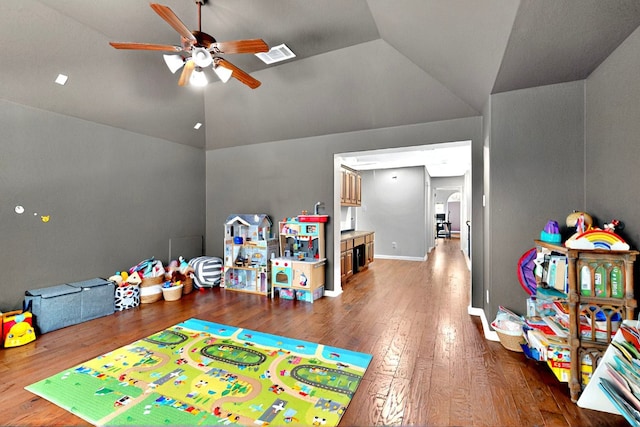 16525 Broadbay Dr, Austin, TX 78717 - playroom featuring ceiling fan, vaulted ceiling, wood-type flooring, and baseboards