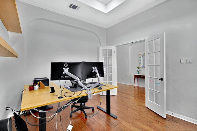 16525 Broadbay Dr, Austin, TX 78717 - home office with french doors, wood finished floors, crown molding, and baseboards