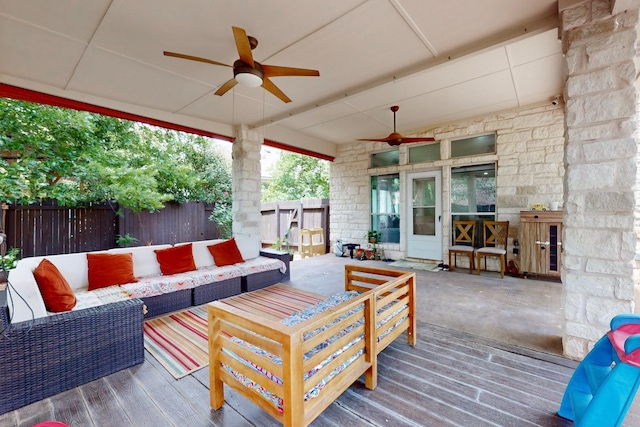 16525 Broadbay Dr, Austin, TX 78717 - deck with outdoor lounge area and a ceiling fan
