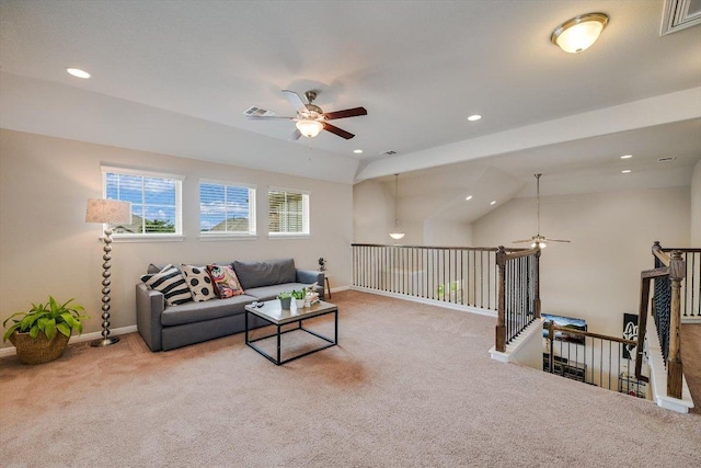 1812 Morts Pl, Manchaca, TX 78652 - living room featuring ceiling fan, carpet floors, baseboards, recessed lighting, and vaulted ceiling