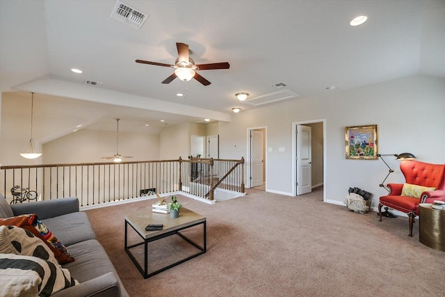 1812 Morts Pl, Manchaca, TX 78652 - living area featuring attic access, ceiling fan, carpet floors, recessed lighting, and lofted ceiling