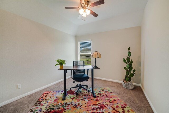 1812 Morts Pl, Manchaca, TX 78652 - home office with light carpet, a ceiling fan, baseboards, and lofted ceiling