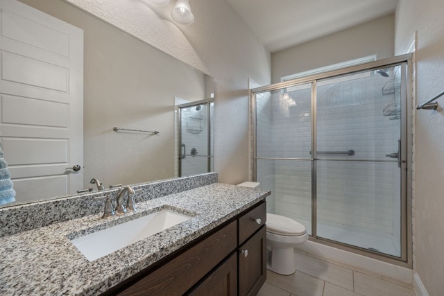 19817 Chayton Cir, Pflugerville, TX 78660 - full bathroom featuring toilet, a shower stall, vanity, and tile patterned flooring