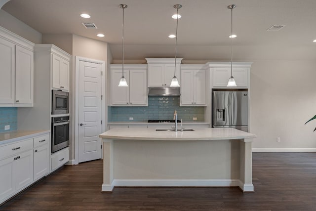 19817 Chayton Cir, Pflugerville, TX 78660 - kitchen featuring stainless steel appliances, under cabinet range hood, dark wood-type flooring, backsplash, and white cabinets
