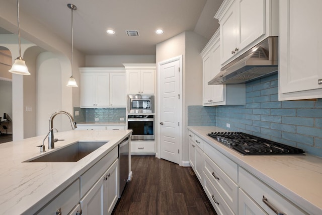 19817 Chayton Cir, Pflugerville, TX 78660 - kitchen with stainless steel appliances, under cabinet range hood, a sink, white cabinetry, and pendant lighting