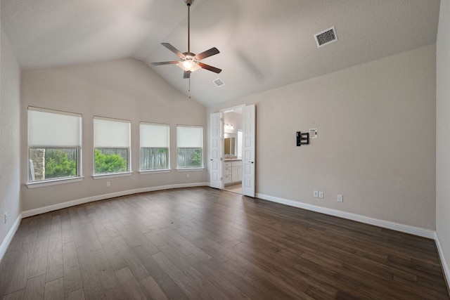 19817 Chayton Cir, Pflugerville, TX 78660 - unfurnished room with plenty of natural light, ceiling fan, baseboards, dark wood-style floors, and high vaulted ceiling