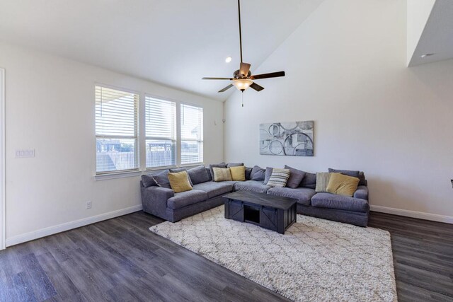 3805 Eland Dr, Pflugerville, TX 78660 - living area with dark wood finished floors, a ceiling fan, high vaulted ceiling, and recessed lighting