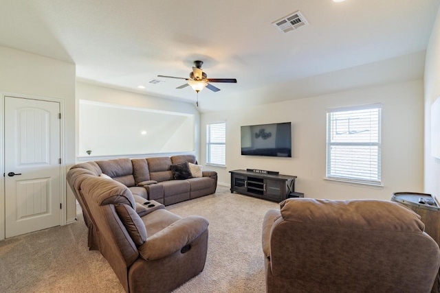 living room featuring carpet flooring, ceiling fan, and recessed lighting
