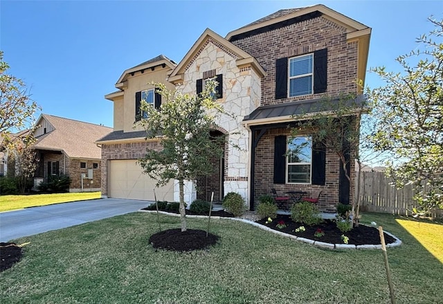 view of front of home with a garage, concrete driveway, stone siding, and brick siding