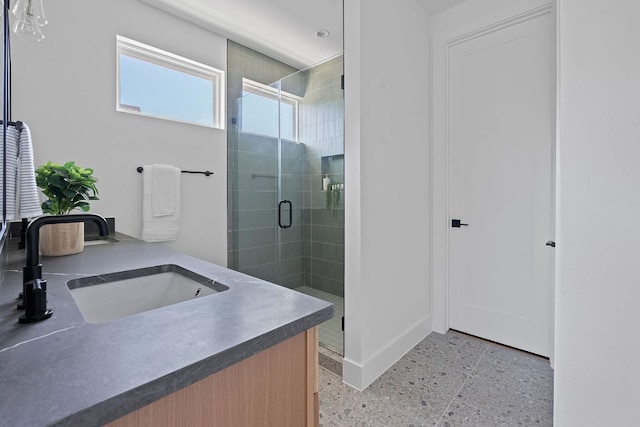 6406 Cannonleague Dr Unit 1, Austin, TX 78745 - full bathroom with vanity, a stall shower, and baseboards