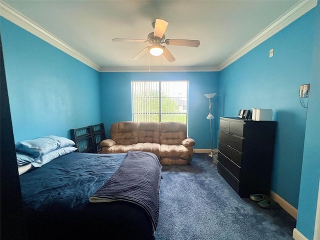 7701 Rialto Blvd Unit 1328, Austin, TX 78735 - bedroom featuring crown molding, baseboards, dark carpet, and a ceiling fan
