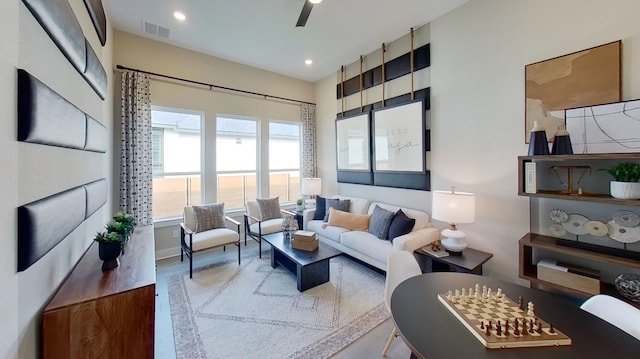 1026 Painted Horse Dr, Georgetown, TX 78633 - living area featuring a ceiling fan, recessed lighting, and wood finished floors